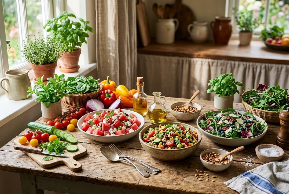 Seizoensgebonden borden met diverse groenten en granen op een houten tafel